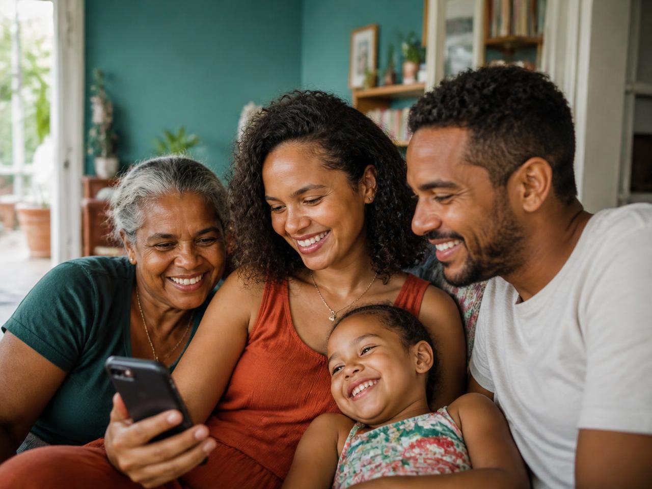 Família de três gerações consultando o aplicativo de saúde no celular