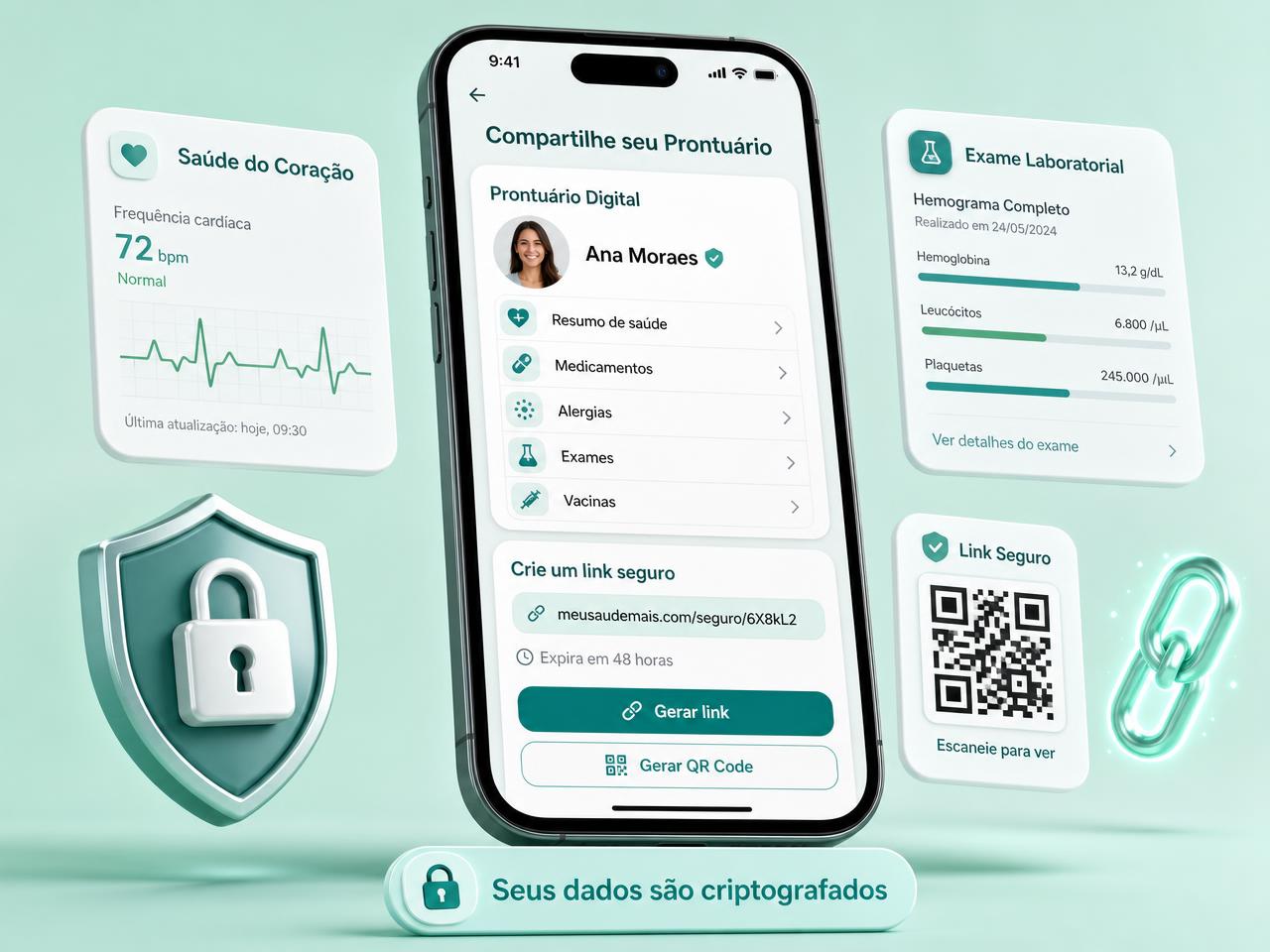 Celular gerando um link seguro e QR Code para enviar o prontuário digital ao médico